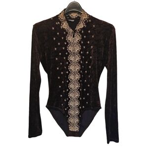 Sagaie Paris velvet bodysuit strachy brown gold color embroidery size small